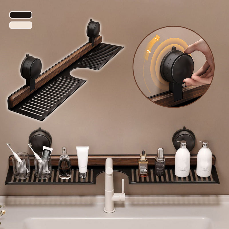 Walnut Arenzza suction cup bathroom shelf mounted on wall, showing sturdy design and smooth wooden surface for bathroom organization