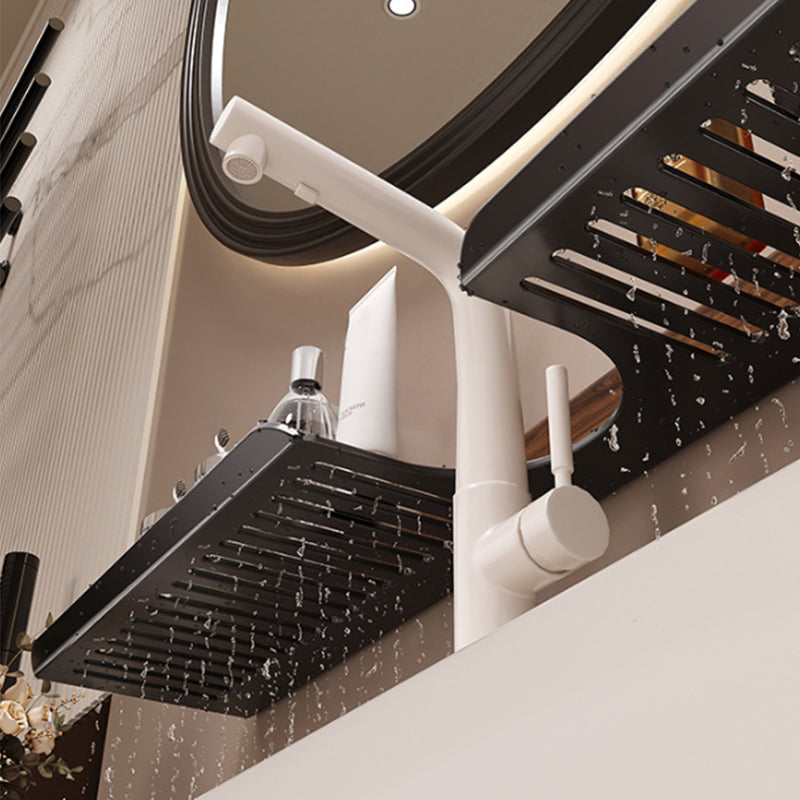 Arenzza Walnut Suction Cup Bathroom Shelf mounted on a wall, holding toiletries in a modern bathroom setting.