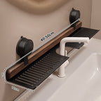 Arenzza Walnut Suction Cup Bathroom Shelf mounted on a bathroom wall, showcasing its natural wood finish and sleek design.