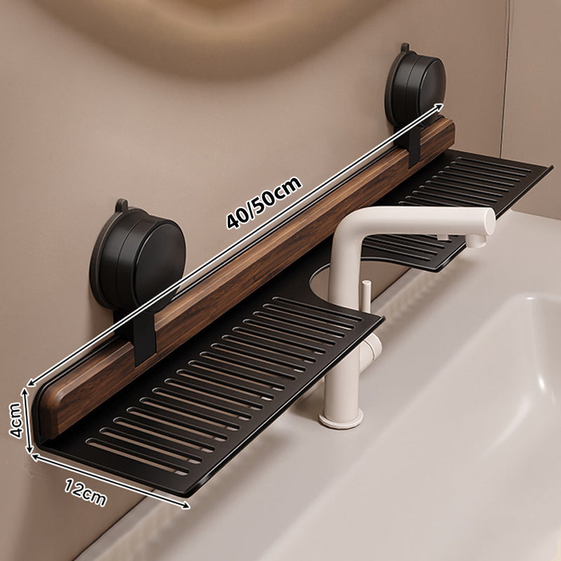 Arenzza Walnut Suction Cup Bathroom Shelf mounted on a bathroom wall, showcasing its natural wood finish and sleek design.