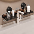 Walnut bathroom shelf with suction cups by Arenzza, mounted on the wall, showcasing its sturdy design and natural wood finish.
