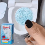 Arenzza lemon scented toilet bowl cleaner tablets in a bathroom setting, showing the tablets ready for use in a toilet bowl.