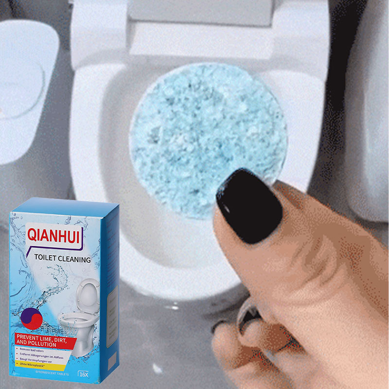 Arenzza lemon scented toilet bowl cleaner tablets in a bathroom setting, showing the tablets ready for use in a toilet bowl.