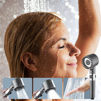 Arenzza multi-functional high pressure showerhead installed in a modern bathroom, showcasing its sleek design and water spray pattern.