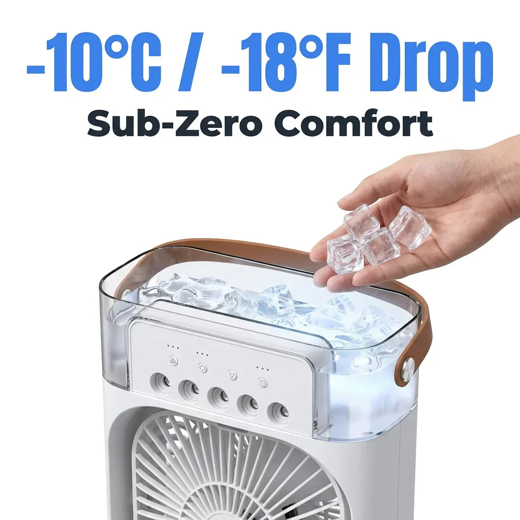 AquaBreeze™ compact desk air cooler by Arenzza with sleek modern design and visible air vents on a clean office surface.