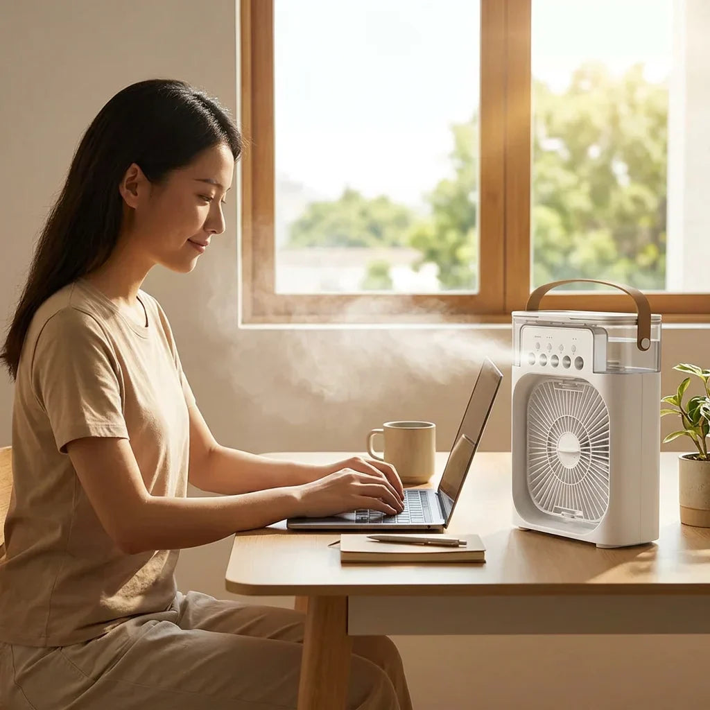 Aarenza AquaBreeze™ compact desk air cooler on a workspace desk with a person working nearby, demonstrating its portable cooling design.