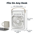 A detailed 9-dimension size diagram of the Arenzza AquaBreeze™ compact desk air cooler showing its dimensions and design.