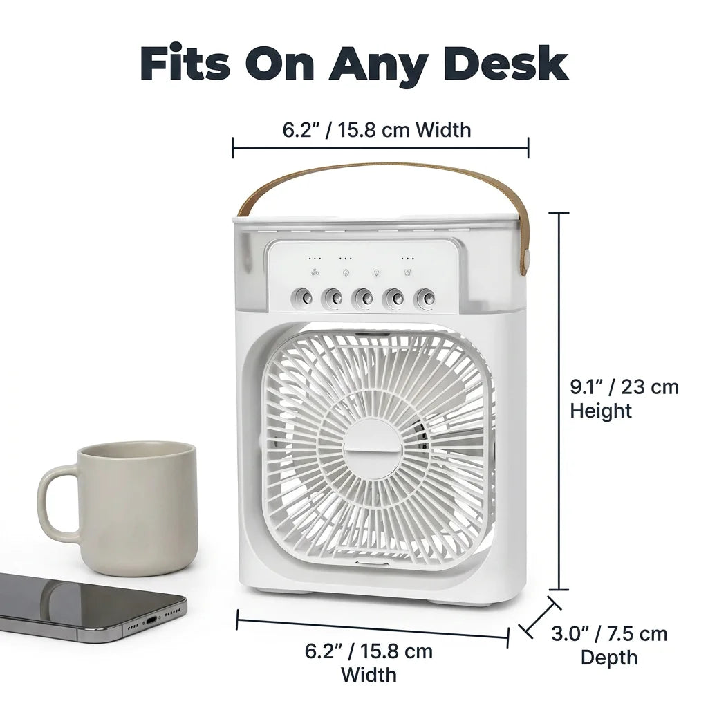 A detailed 9-dimension size diagram of the Arenzza AquaBreeze™ compact desk air cooler showing its dimensions and design.