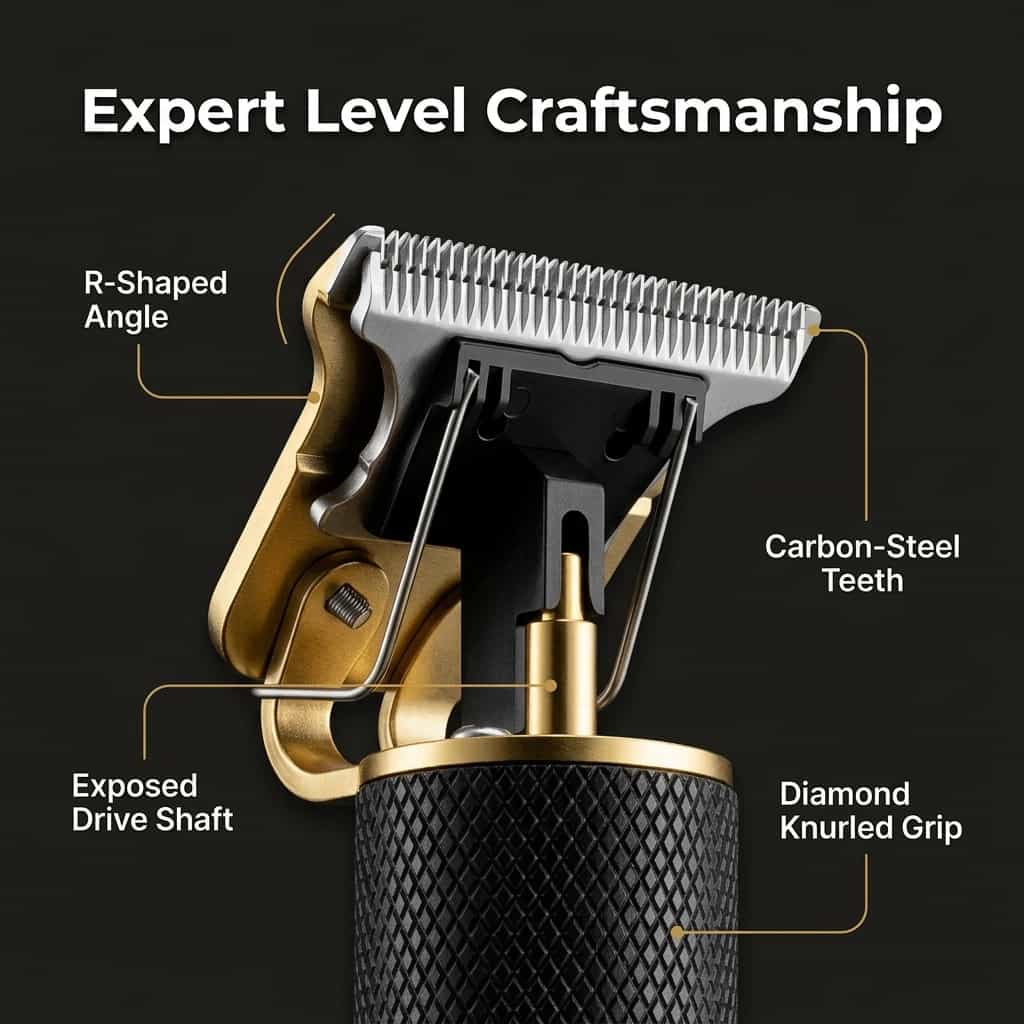 Close-up of Arenzza cordless beard trimmer with sharp blades and textured grip for easy styling and precise grooming.