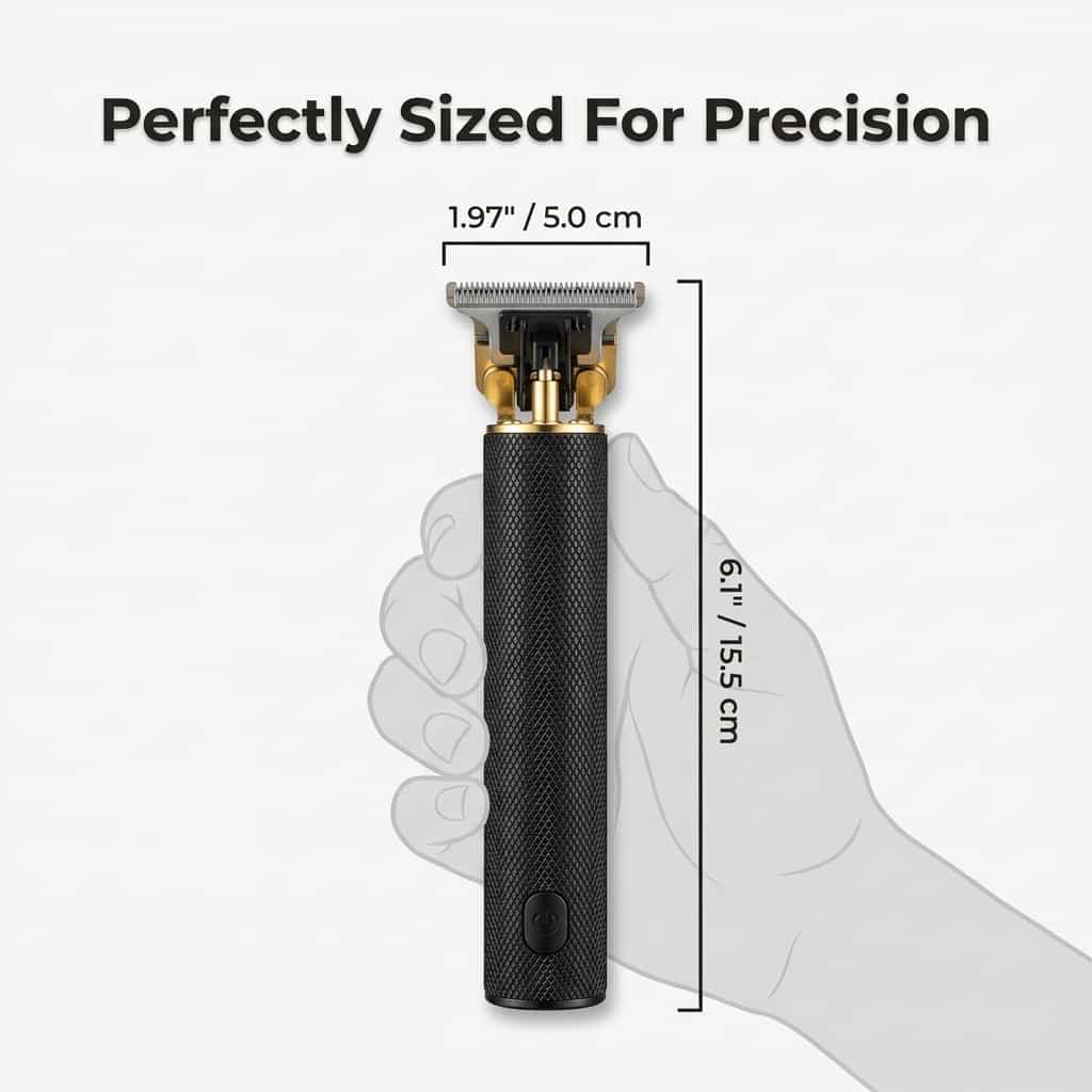 Arenzza cordless beard trimmer with sharp blades and 7-dimension size diagram showcasing adjustable trimming options.