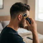 A man using the Arenzza cordless beard trimmer with sharp blades for easy grooming and styling in a modern bathroom setting.