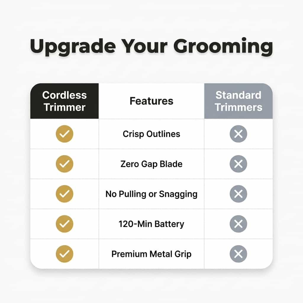 Comparison table for Arenzza cordless beard trimmer with sharp blades, showcasing different trimming lengths and features.