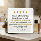 Arenzza cordless beard trimmer with sharp blades, shown in a testimonial card layout for easy grooming and styling.