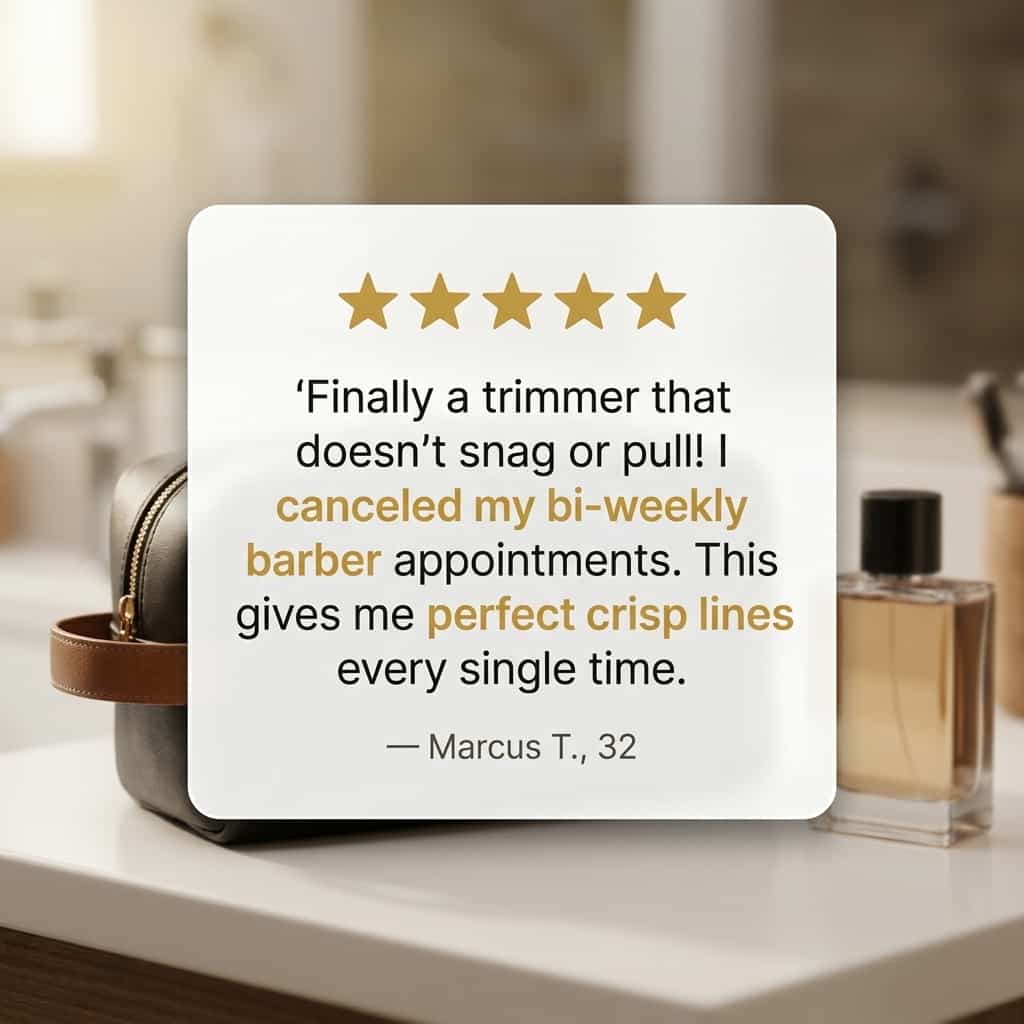 Arenzza cordless beard trimmer with sharp blades, shown in a testimonial card layout for easy grooming and styling.