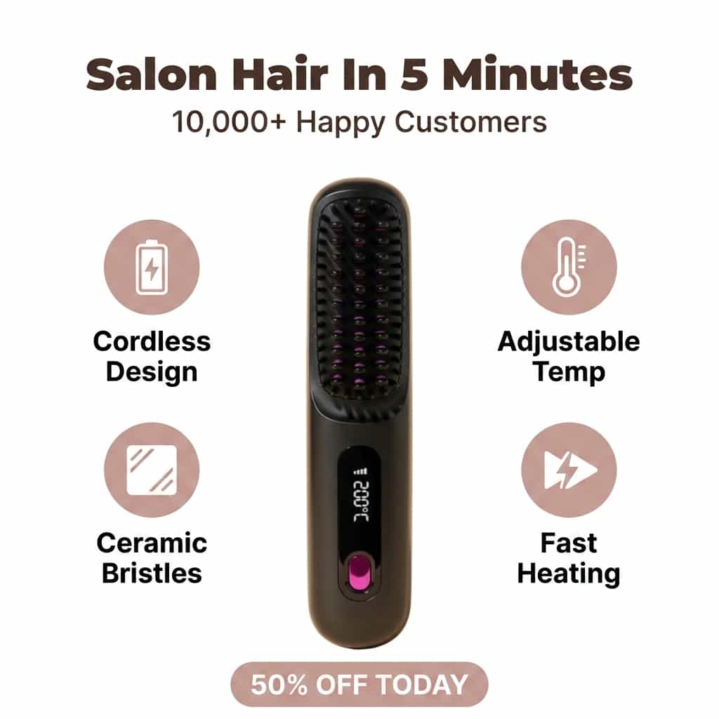 Arenzza FrizzGuard™ cordless frizz-free styler with sleek design and LED indicator, ready for smooth, frizz-free hair styling.