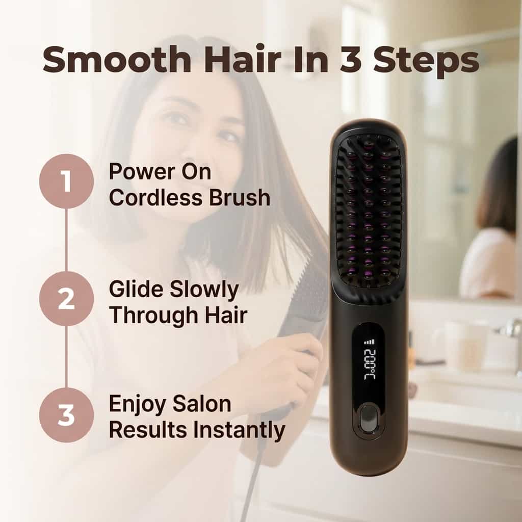 Arenzza FrizzGuard™ cordless styler with three-step process for frizz-free, smooth hair, shown with styling tools and hair in the image.