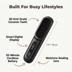 Aarenzza FrizzGuard cordless styler with seven benefit callouts and arrows highlighting features, showing a sleek styling tool.