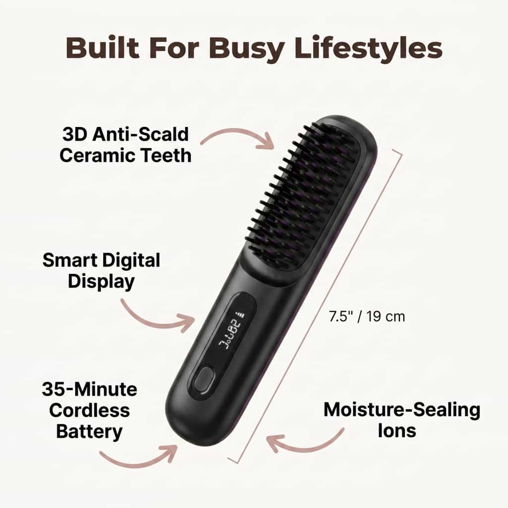 Aarenzza FrizzGuard cordless styler with seven benefit callouts and arrows highlighting features, showing a sleek styling tool.