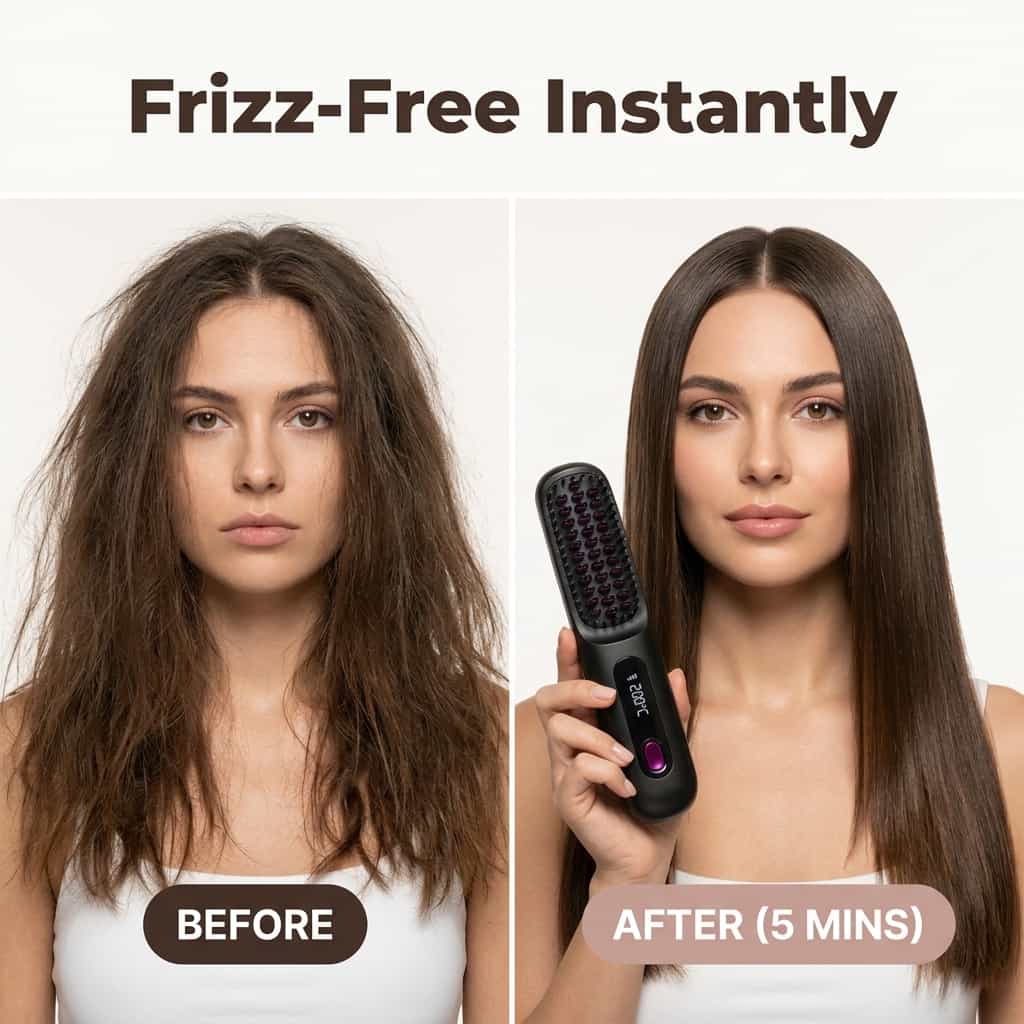 Arenzza FrizzGuard™ cordless styler showing before and after hair with reduced frizz and smooth, shiny finish.