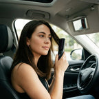 A woman using the Arenzza FrizzGuard™ cordless frizz-free styler to smooth her hair in a lifestyle setting.