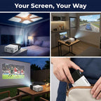 Arenzza portable mini projector displaying a colorful movie scene, compact design with multiple projection panels visible.