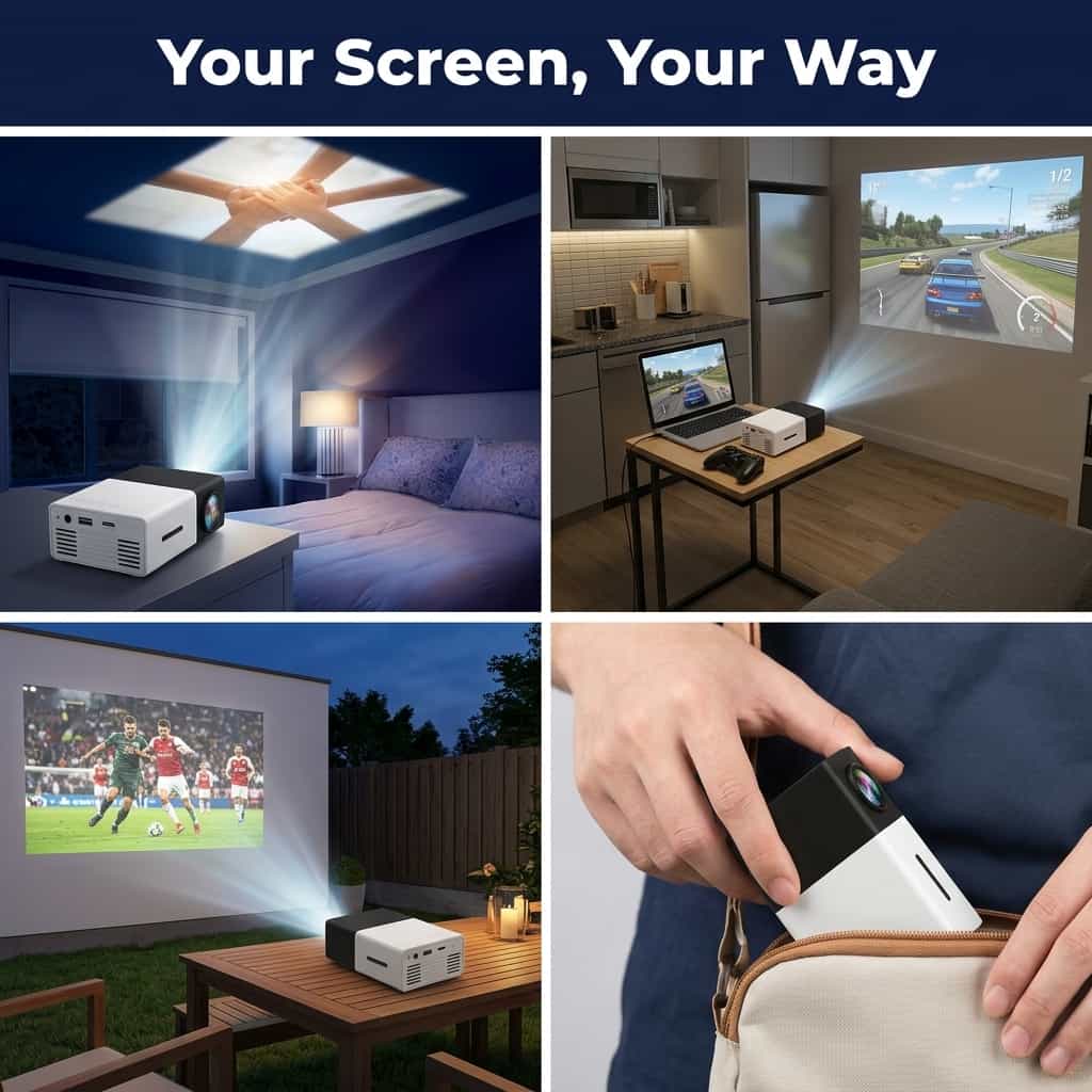 Arenzza portable mini projector displaying a colorful movie scene, compact design with multiple projection panels visible.
