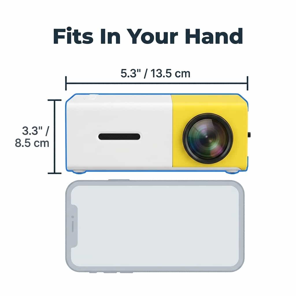 Aarenza portable mini projector displaying a diagram of its 8-dimensional size features, compact design for movies anywhere.