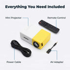 Arenzza portable mini projector with accessories, including cables and remote, ideal for movie viewing anywhere.