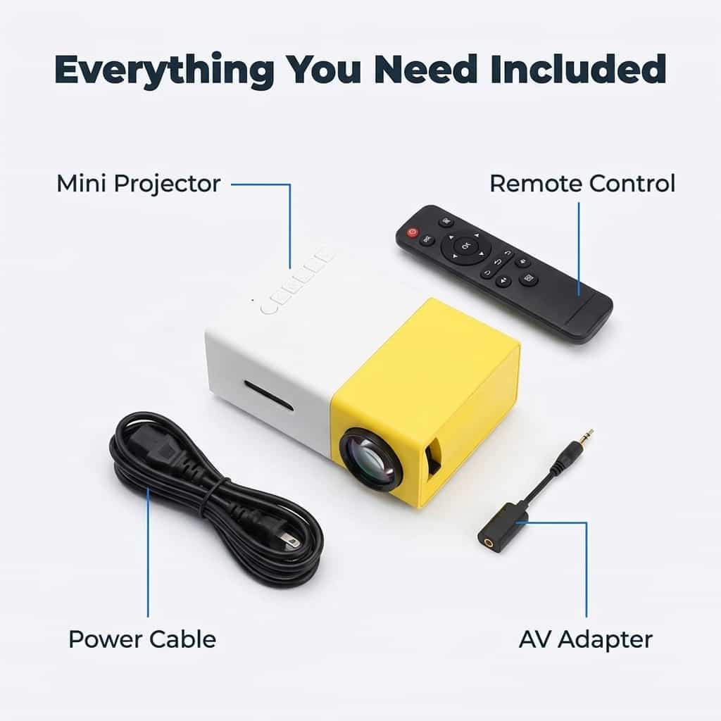 Arenzza portable mini projector with accessories, including cables and remote, ideal for movie viewing anywhere.