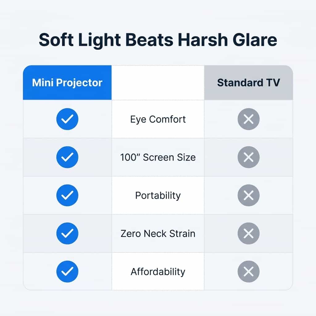 Arenzza portable mini projector displaying a movie scene on a wall, with comparison table in the background.