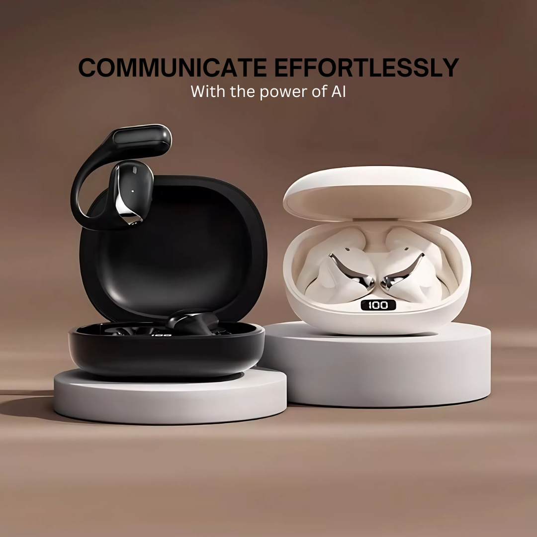 Arenzza VerbaBuds™ AI Translator Earbuds in black with sleek design, shown in close-up view.