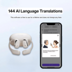 A pair of Arenzza VerbaBuds™ AI Translator Earbuds with sleek black design and compact charging case on a white background.