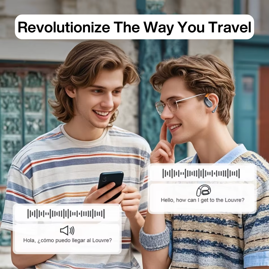 A pair of black VerbaBuds™ AI Translator Earbuds by Arenzza with sleek design and charging case on a white background.