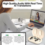 A pair of Arenzza VerbaBuds™ AI Translator Earbuds with sleek design and in-ear fit, featuring touch controls and charging case.