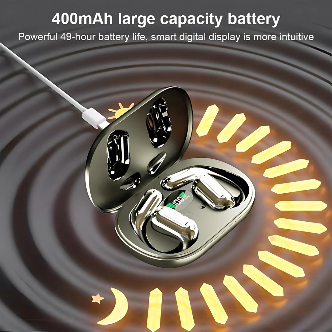 Arenzza VerbaBuds™ AI Translator Earbuds in sleek black, wireless design with charging case and touch controls visible.