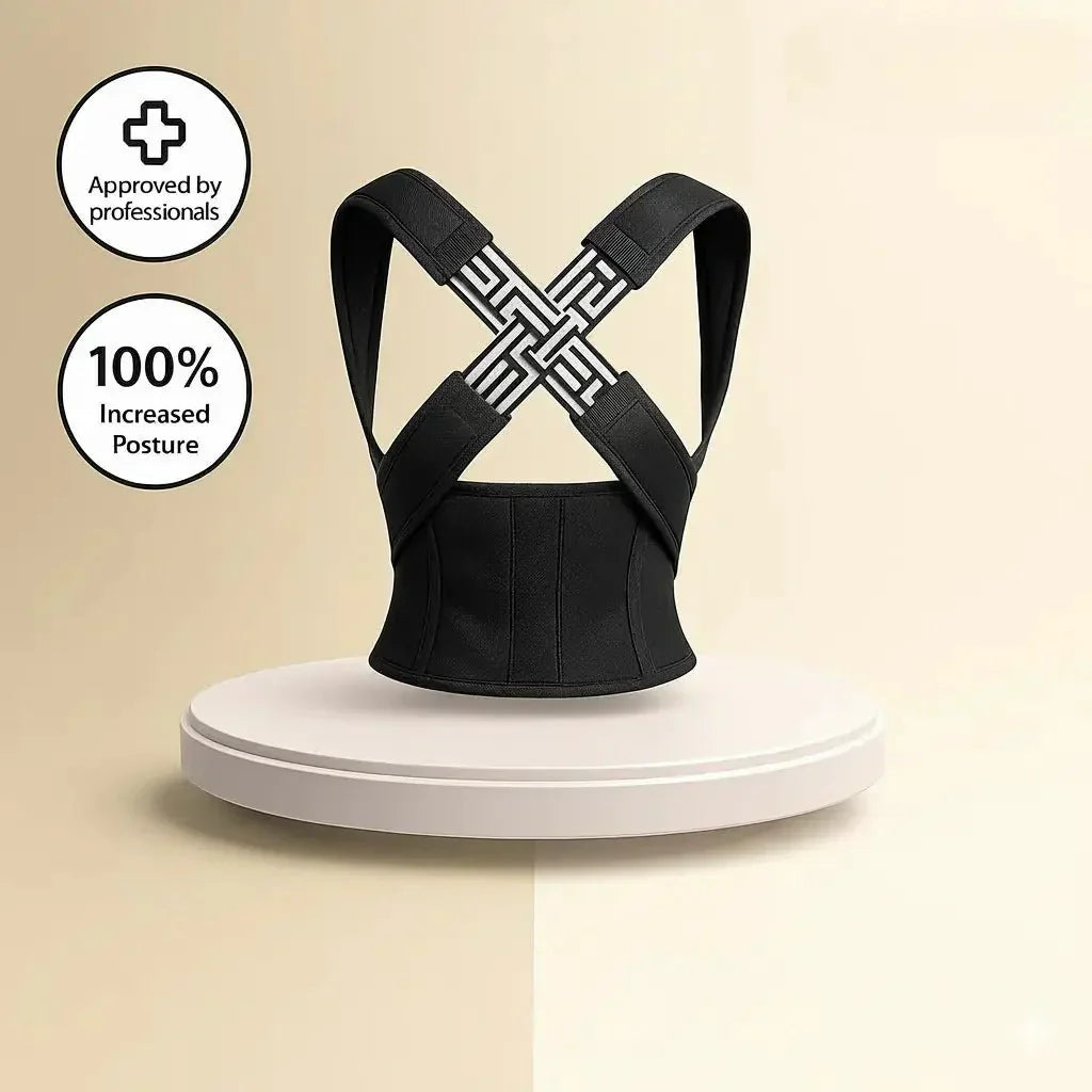 Aarenza Cerviless Pro™ posture correction device for back pain relief, shown on a person’s back in a close-up image.