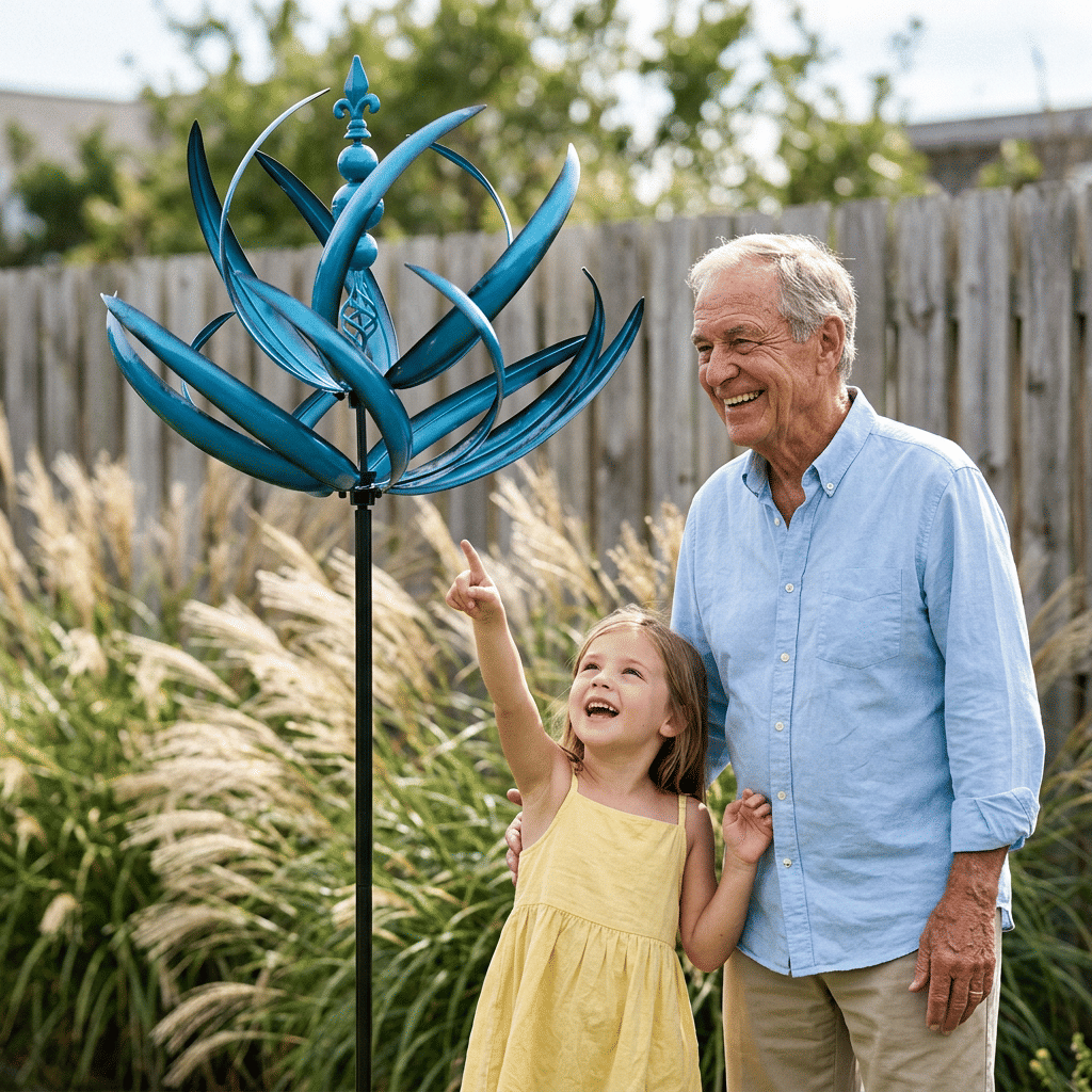 Colorful Arenzza decorative garden wind spinner spinning in a sunny outdoor garden with trees and plants