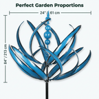 Aarenza decorative garden wind spinner with a detailed 8-dimension size diagram showing its stable and safe design.