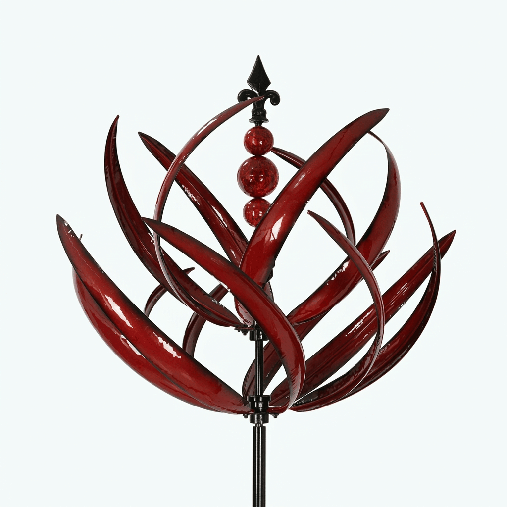 Arenzza decorative garden wind spinner with colorful metal blades spinning in a lush outdoor setting