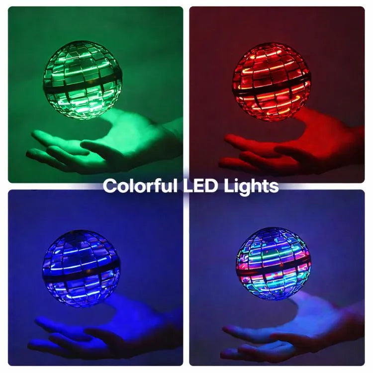 A glowing flying ball toy from Arenzza with vibrant lights, hovering in mid-air against a dark background.