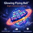 A glowing flying ball by Arenzza with vibrant LED lights and a sleek design, floating in mid-air against a dark background.