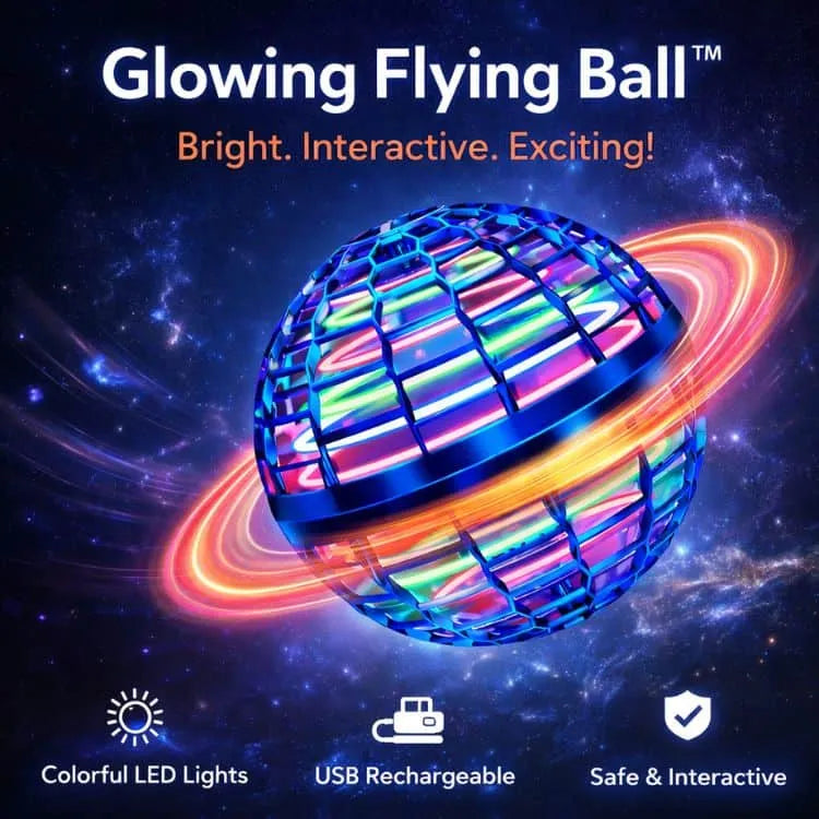 A glowing flying ball by Arenzza with vibrant LED lights and a sleek design, floating in mid-air against a dark background.