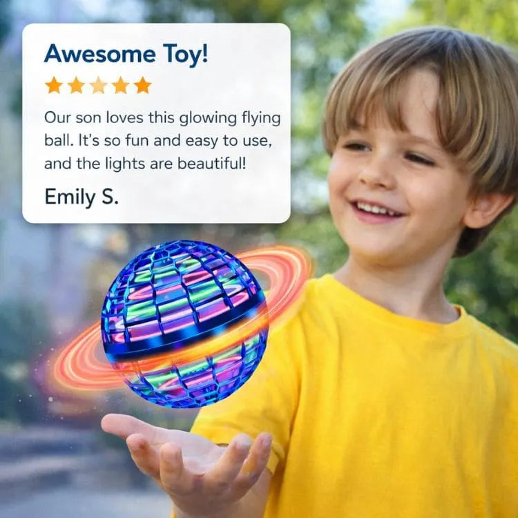 A glowing flying ball toy by Arenzza with colorful LED lights, floating in the air against a dark background.