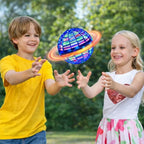 A glowing flying ball toy by Arenzza with vibrant LED lights, floating in mid-air against a dark background.