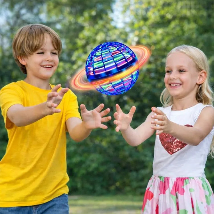 A glowing flying ball toy by Arenzza with vibrant LED lights, floating in mid-air against a dark background.
