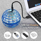 Aarenza glowing flying ball with LED lights, hovering in mid-air, showcasing its vibrant illumination and spherical shape.