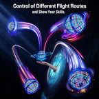 Aarenza glowing flying ball toy with LED lights, floating and spinning in mid-air, ideal for outdoor play and entertainment.