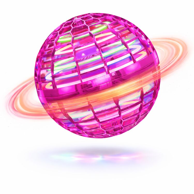Aarenzza glowing flying ball with illuminated surface, floating in the air, showcasing its vibrant, colorful LED lights and spherical shape.