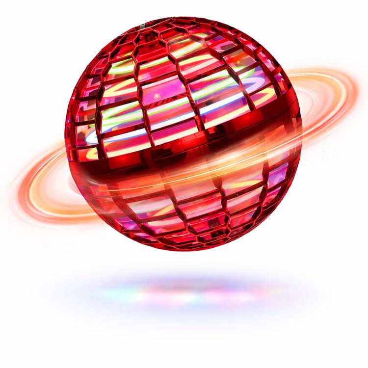 A glowing flying ball toy by Arenzza floating in the air, illuminated with colorful LED lights against a dark background.
