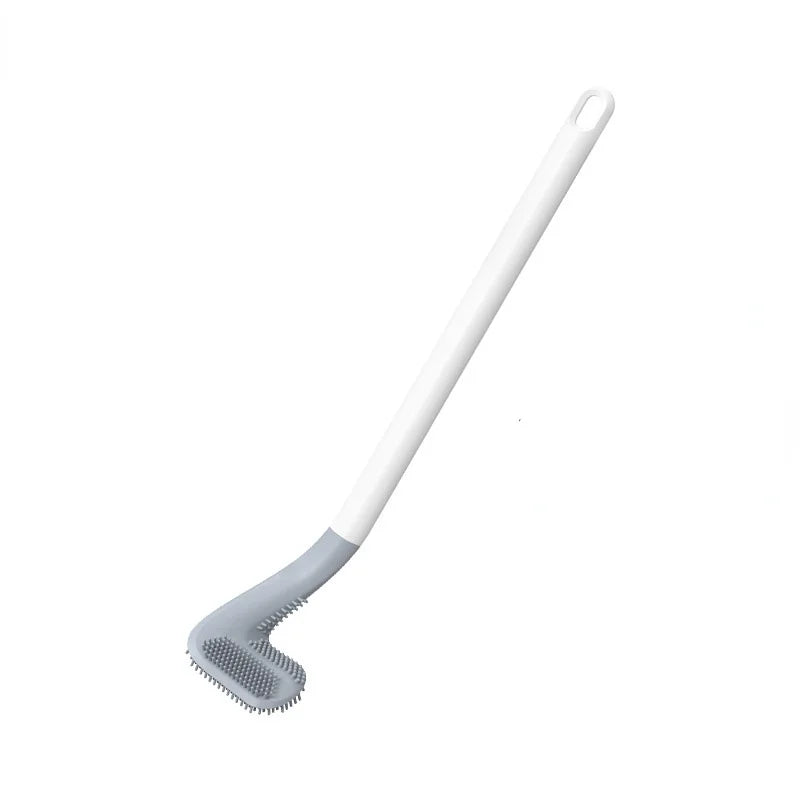Arenzza silicone toilet brush with long black handle and modern design, cleaning a toilet for sparkling hygiene.